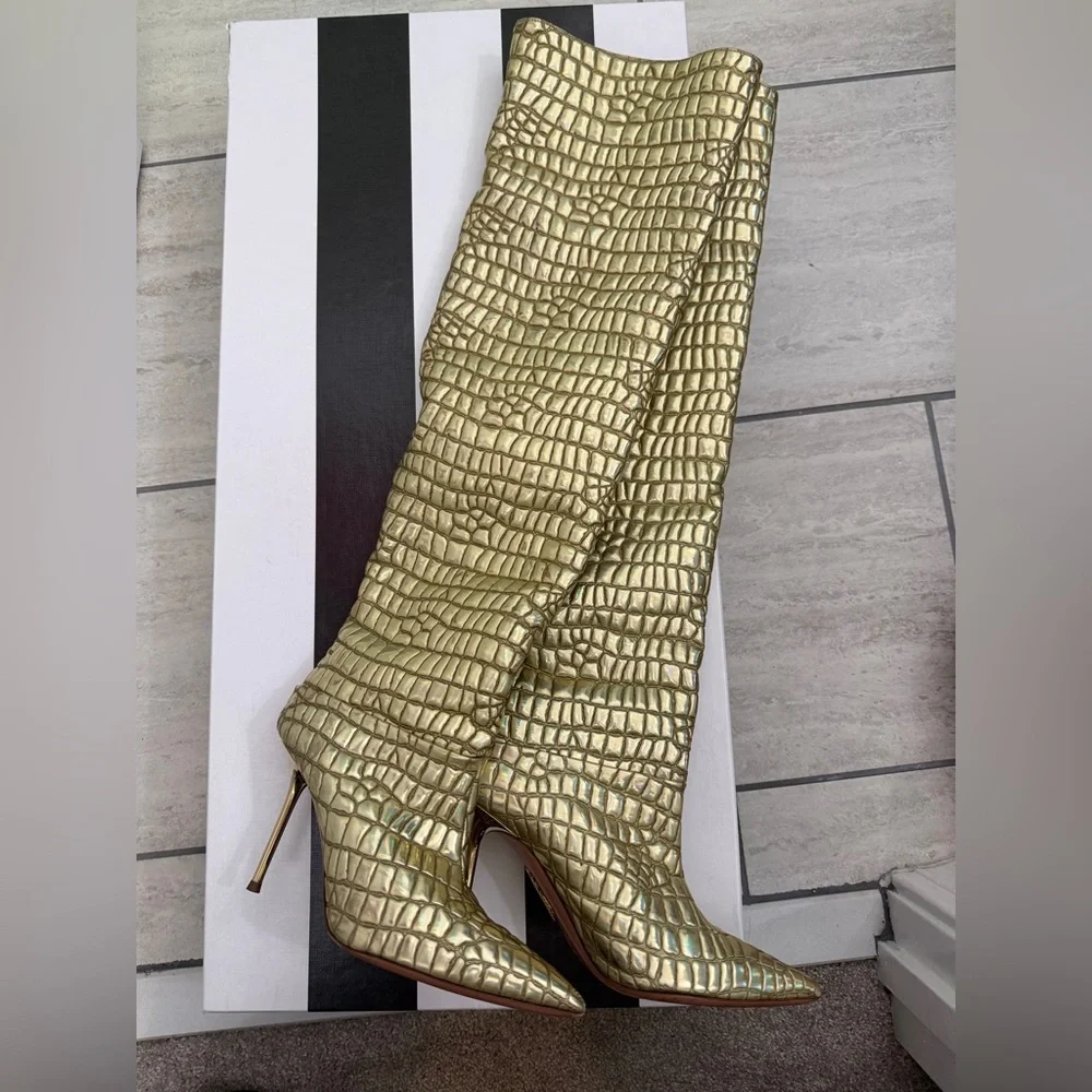 Aquazurra Boreal Metallic Gold Croc-Embossed Over-The-Knee Boots - size 37.5 EUC